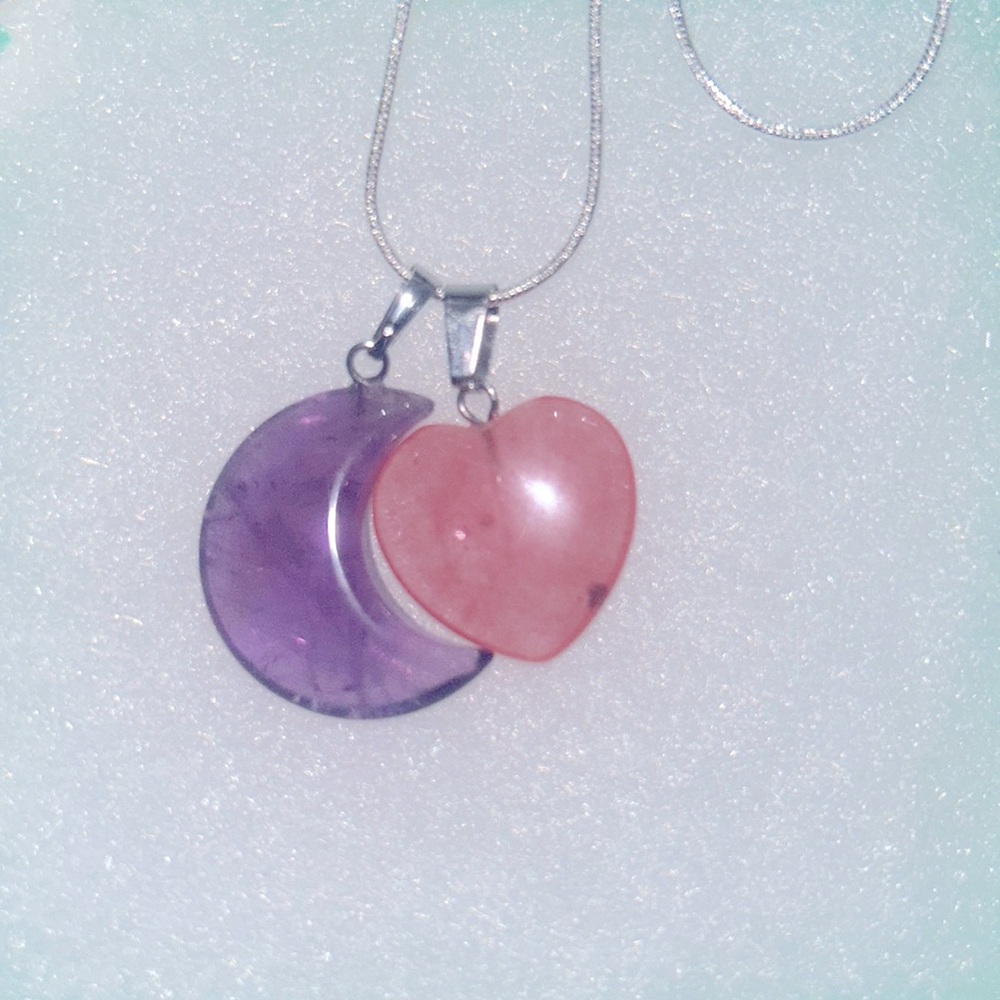 Boho hippie Amethyst Moon and Pink Tourmaline Crystal heart Sterling Silver …